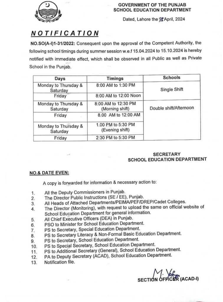 Notification Regarding School Timings from 15 April 2024 During Summer Session in Punjab